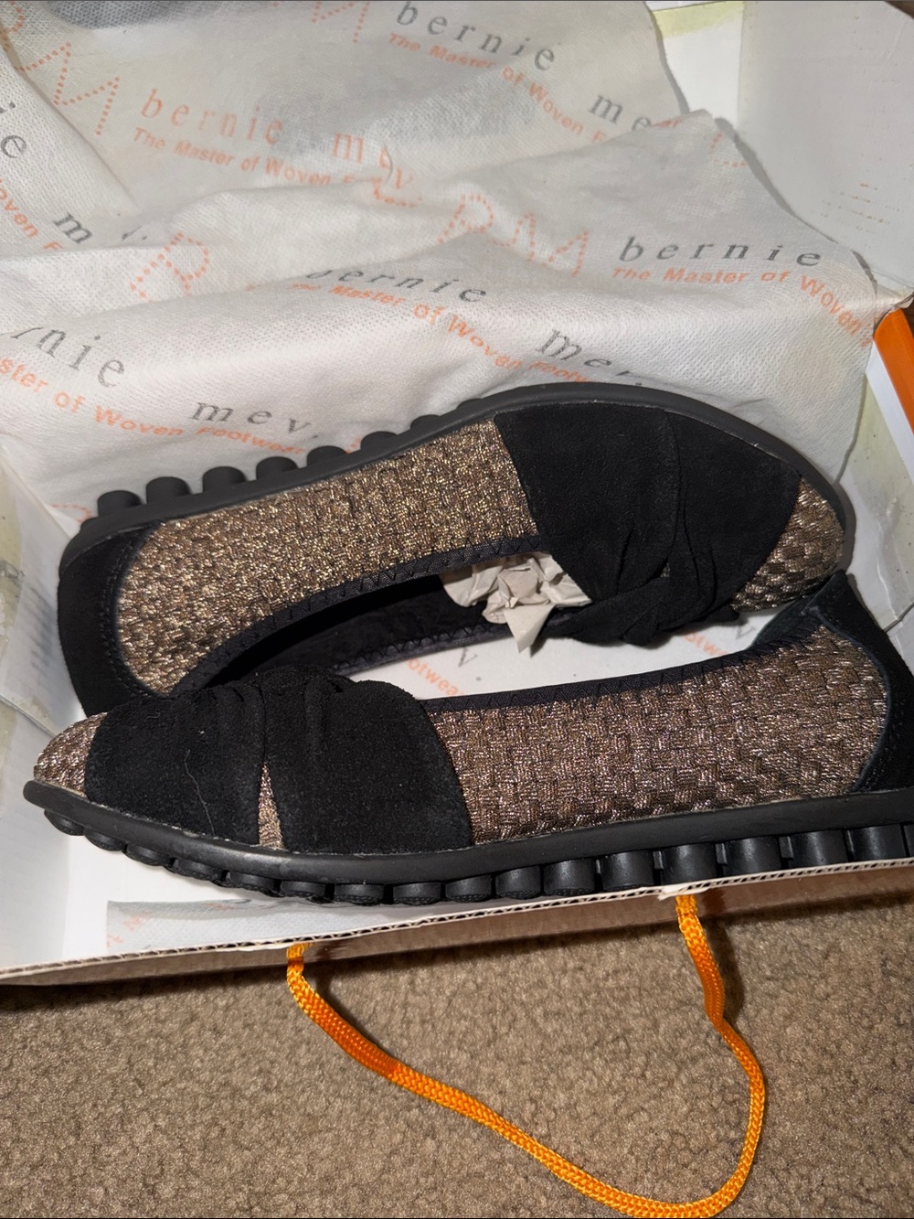 bernie mev. Black and Bronze Woven Slip-On Flats